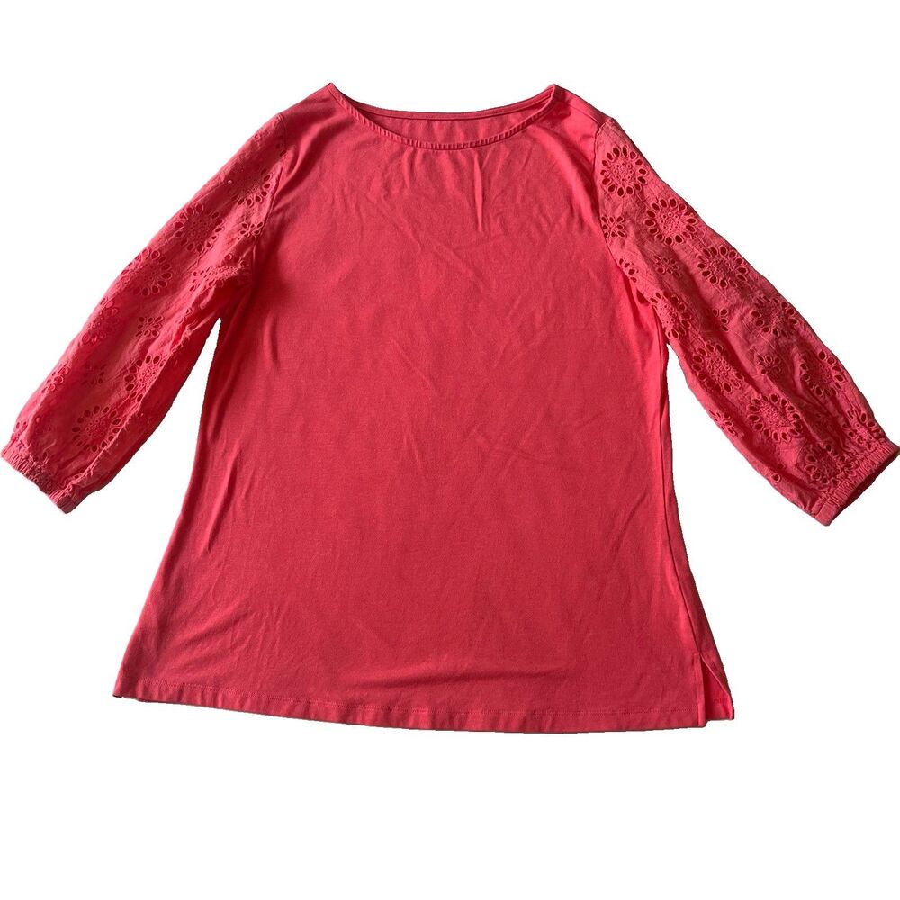 Belle by Kim Gravel Coral Crochet Lace 3/4 Sleeve Top Womens size Small Boho EUC